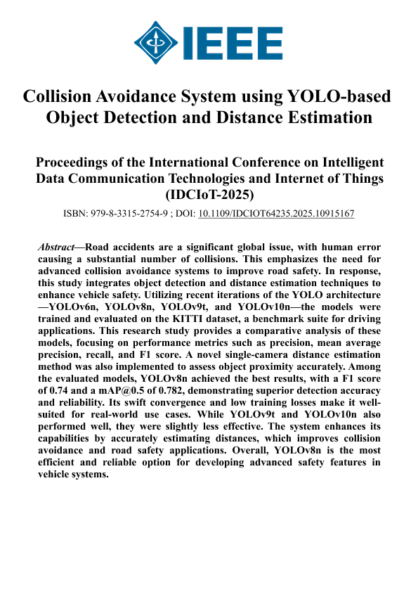 Collision Avoidance System using YOLO-based Object Detection and Distance Estimation